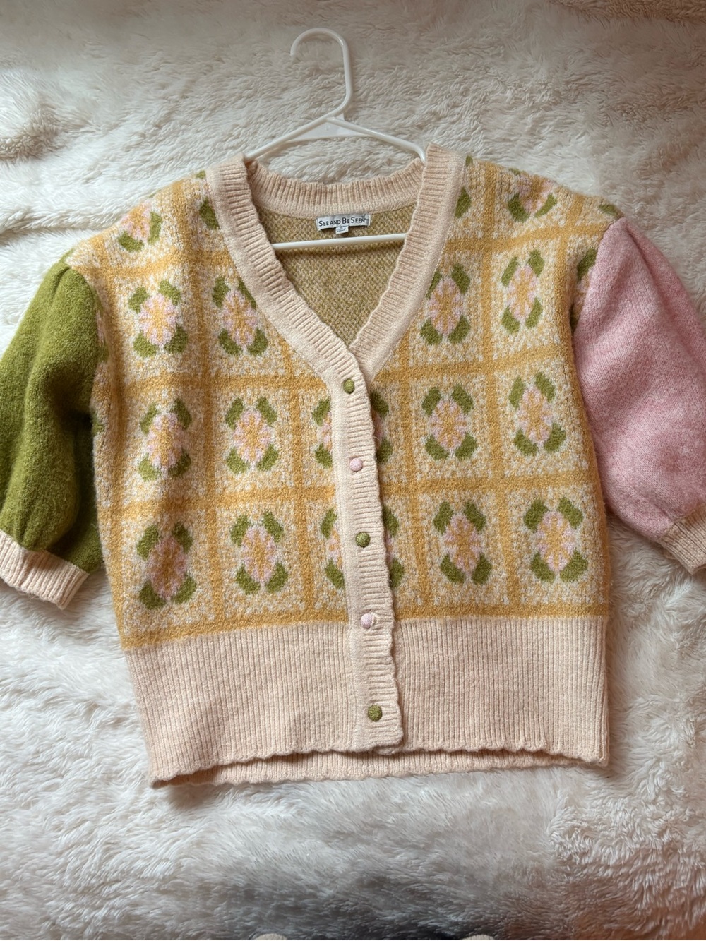 Short Floral Panel Cardigan Sweater - Pink, Yellow, Green